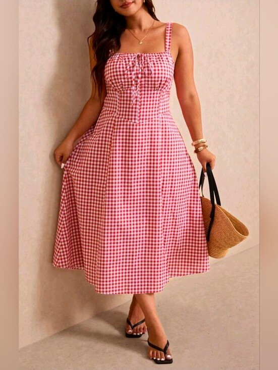 Boutique Dresses & Skirts - New Gingham Lace Up Back A Line Midi Dress PLUS Red White